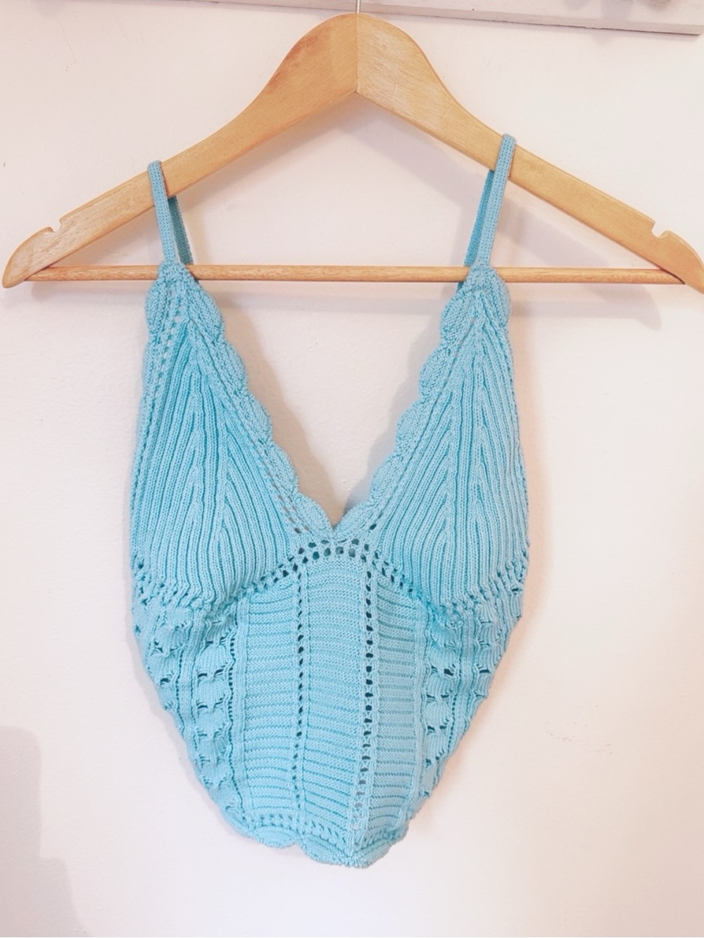 Free People Beach XS Aqua Pointelle Knit Crochet-Inspired Bralette Crop Top boho